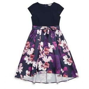 SLNY Floral Fit & Flare Hi Low Midi Dress Belted Cap Sleeve Navy Purple 20W NWT